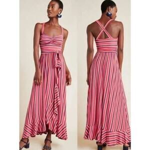 NWT Anthropologie Maeve Gabriela Ruffled Maxi Dress in Pink Combo Size M